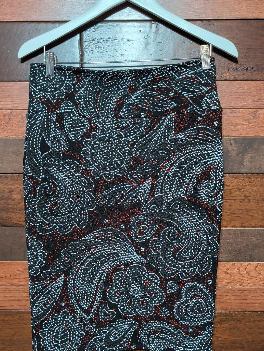 LuLaRoe Black Paisley Pencil Skirt with Blue and Red Accents